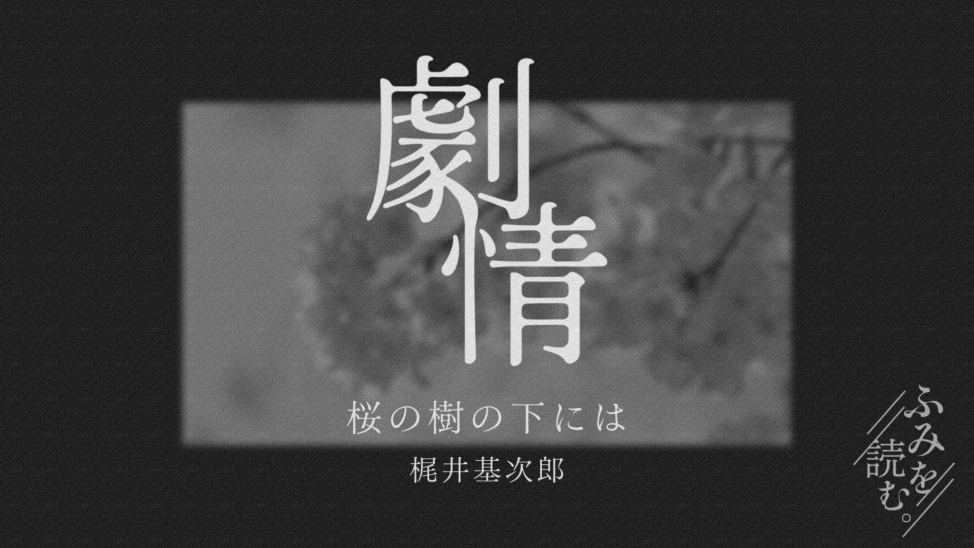 サムネイル画像。黒背景の中央にモノクロの桜の花の写真が配置され、その上に「劇情」の大きな縦書き白文字、下部に「桜の樹の下には/梶井基次郎」の文字が重ねられている。右下に「ふみを読む。」のロゴ。